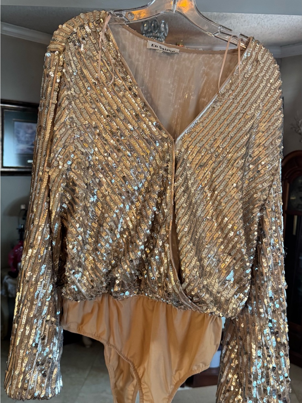 En Saison Gold Sequin Wrap Bodysuit Size 1X.